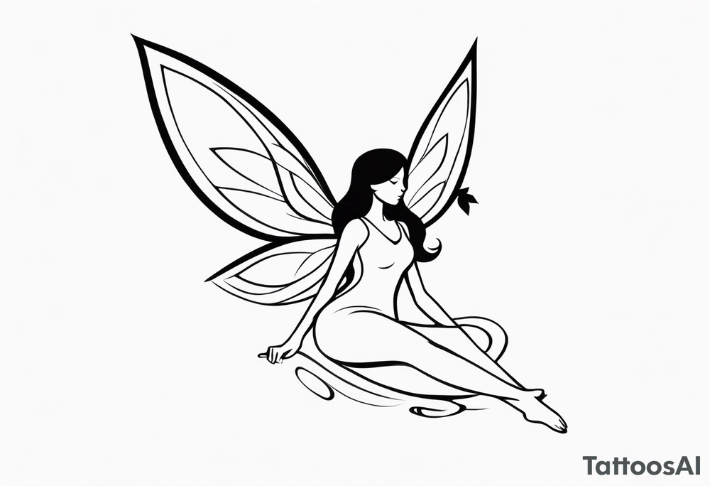 Minimalistic, monochromatic fairy with a tail flying to the left in a fetal position, leaning and looking in the same direction, with visible hands, embodying the 'Fairy Tail' logo aesthetic. tattoo idea