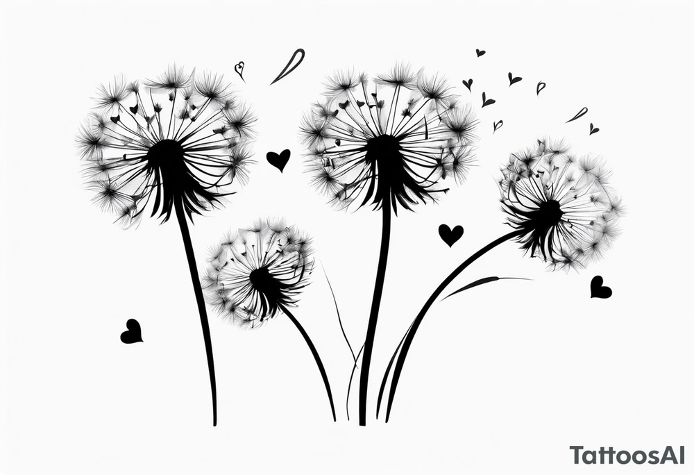 Dandelion with its ligules blowing away, a few legs are tiny hearts, the girls turn into a little bird, flying away to its future tattoo idea
