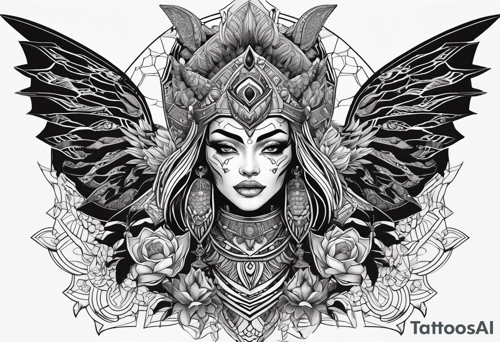 kali, alien goddess, valkrye, pirate, zenza, lotus, wing, pachamama, skull, black panther tattoo idea