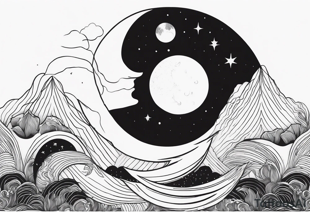 Sun and crescent moon with vintage line along with yin yang. tattoo idea