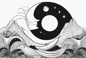 Sun and crescent moon with vintage line along with yin yang. tattoo idea