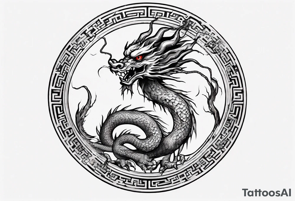Chinese dragon in a circular shape with "02.03" written on its skin tattoo idea