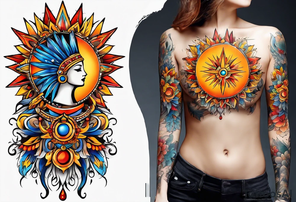 sunburst with yellow, orange, red, and blue colors tattoo idea