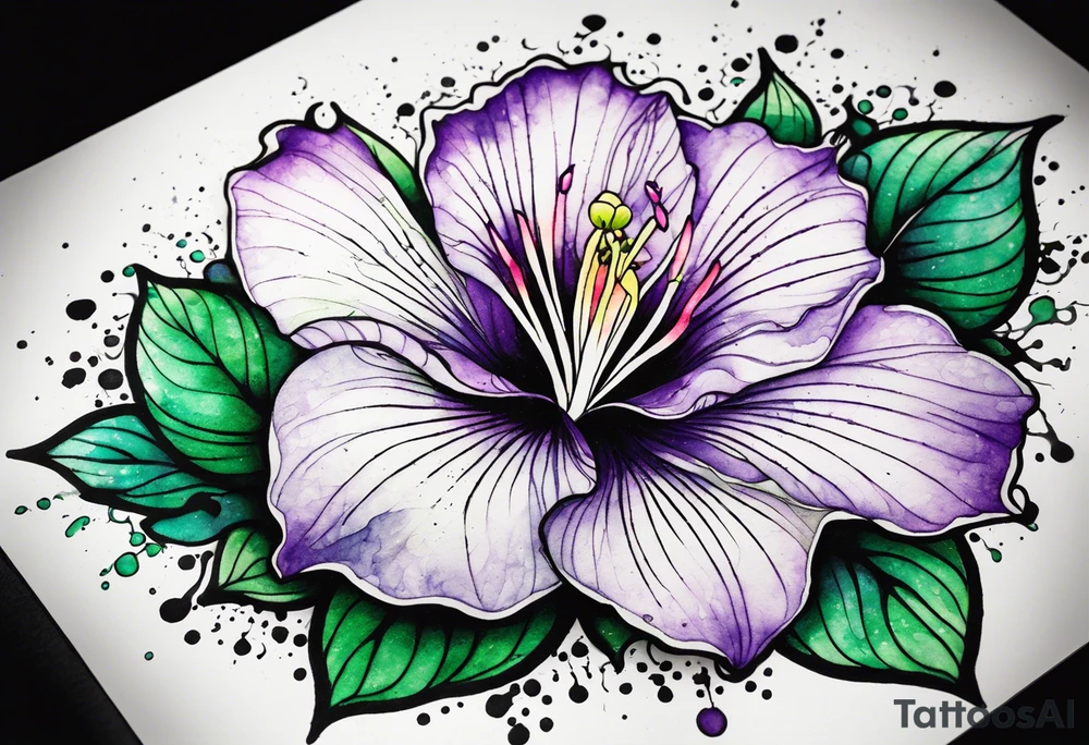 A mystical outline of a rio dipladenia flower and a green/purple watercolor splash in the background tattoo idea