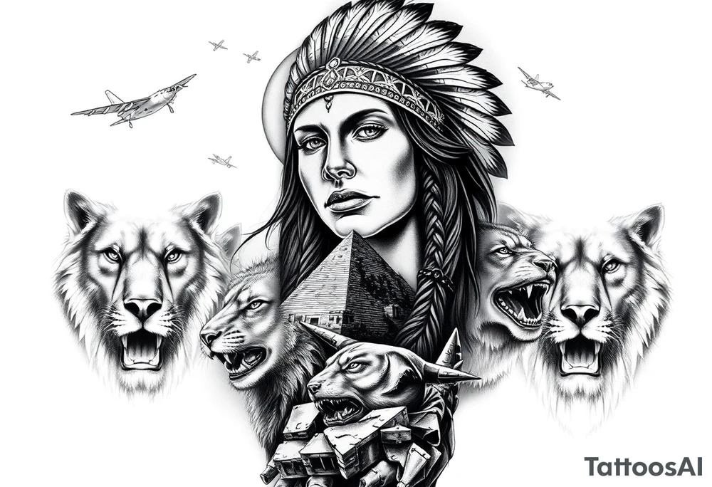 A native indian woman with surrounded by Wolves & Lions behind a Pyramids & mountain with the sun overhead & jets flying in the air tattoo idea