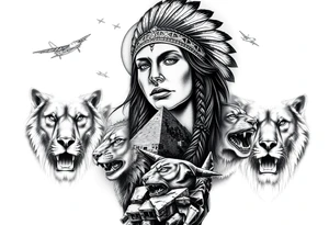 A native indian woman with surrounded by Wolves & Lions behind a Pyramids & mountain with the sun overhead & jets flying in the air tattoo idea