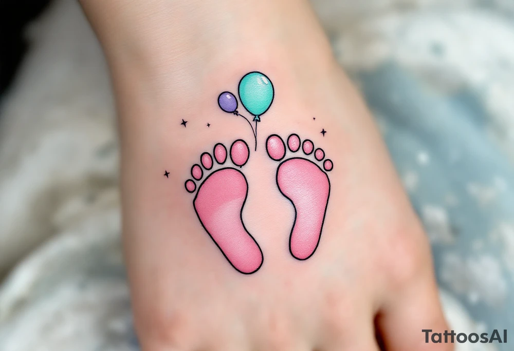 Soft pink and mint footprints of Benedikt, encircled by small balloons to symbolize the joy he brings to everyone around him. tattoo idea