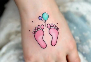 Soft pink and mint footprints of Benedikt, encircled by small balloons to symbolize the joy he brings to everyone around him. tattoo idea