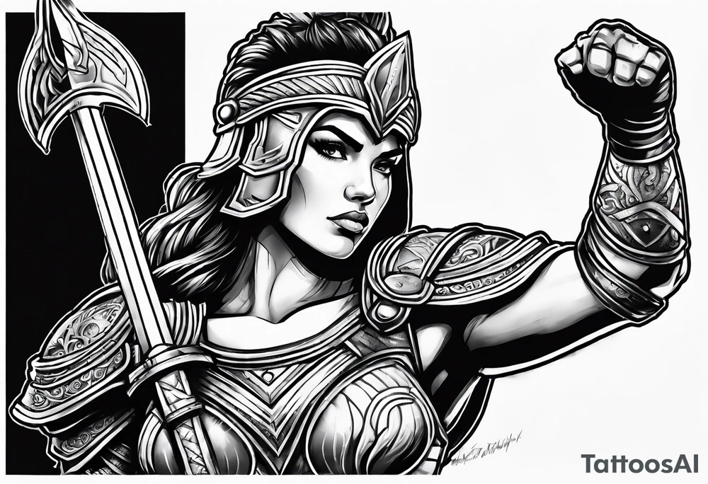 Female gladiator full body cool pose tattoo idea