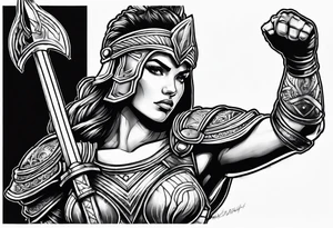 Female gladiator full body cool pose tattoo idea