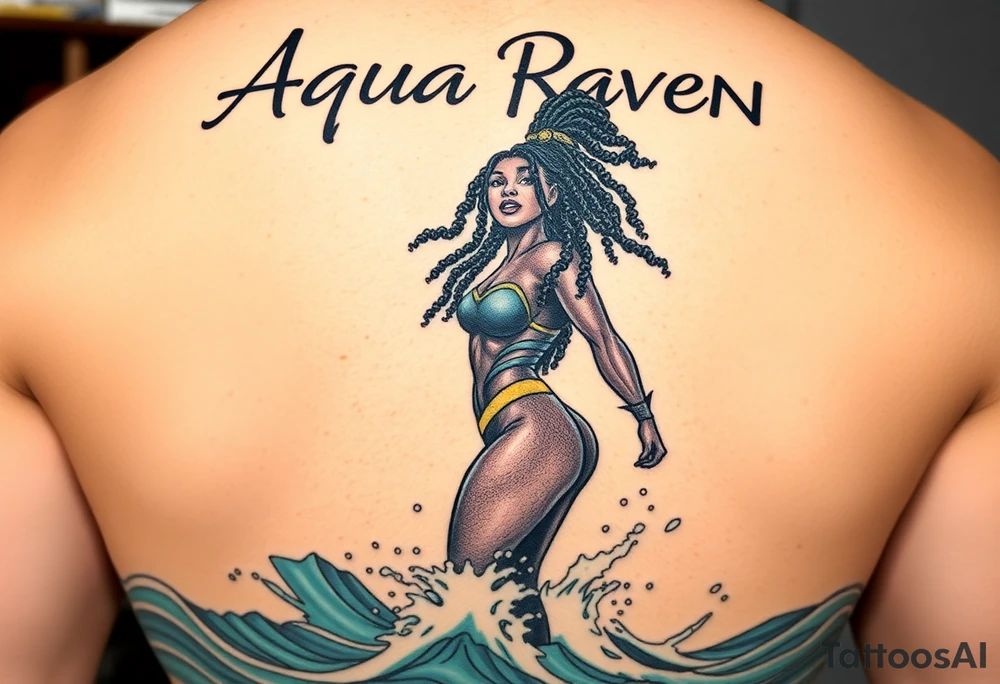 Create a comic book cover for a black female superhero named “Aqua Raven” have her standing in waves in the ocean with powers above her 
Show her with dreadlocs
Put her name in the background above her tattoo idea