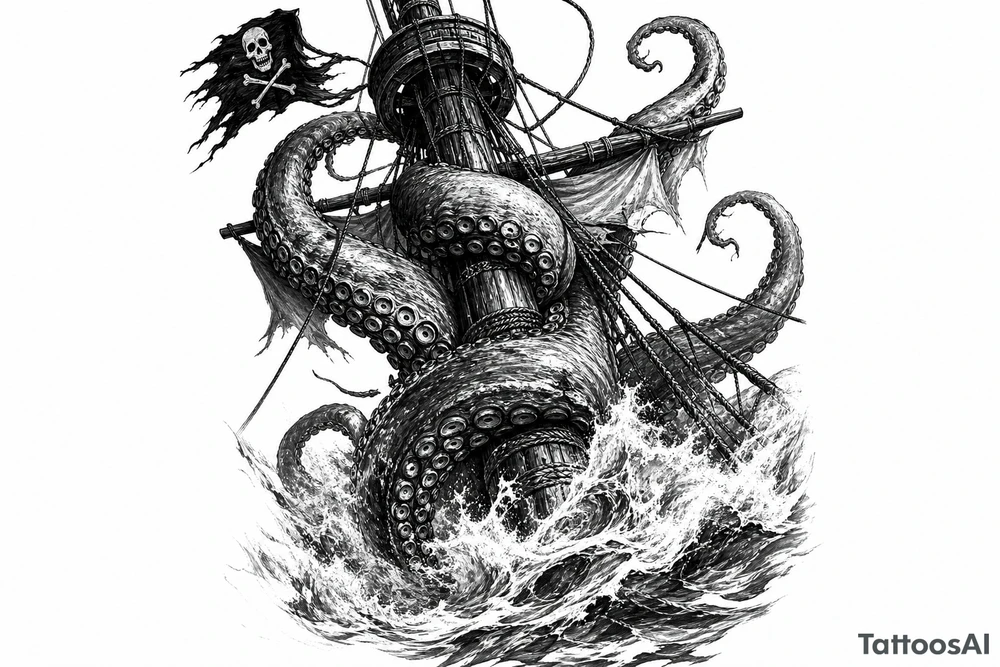 Close-up on a pirate ship's mast being ensnared by colossal kraken tentacles, dark, turbulent ocean waves, high contrast tattoo idea