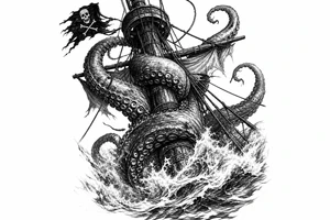Close-up on a pirate ship's mast being ensnared by colossal kraken tentacles, dark, turbulent ocean waves, high contrast tattoo idea