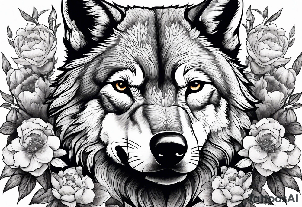 Woodland scene of wolf fighting with peonies and smoke tattoo idea
