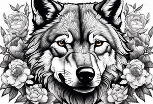 Woodland scene of wolf fighting with peonies and smoke tattoo idea
