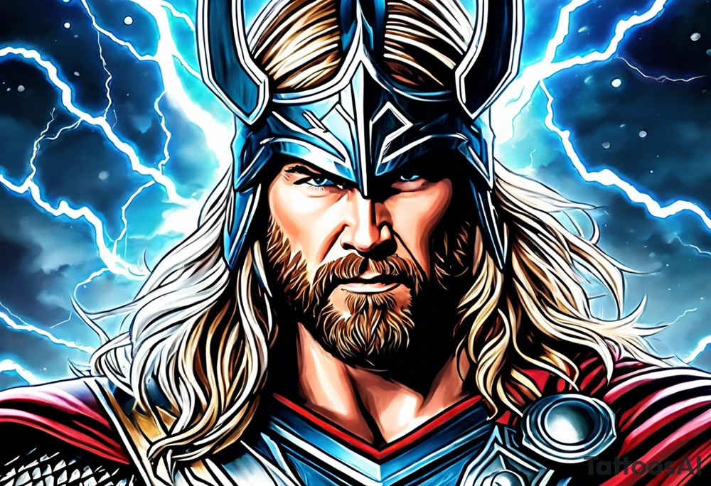 The Mighty Thor that looks like the Chris Hemsworth version with lightning in the background tattoo idea