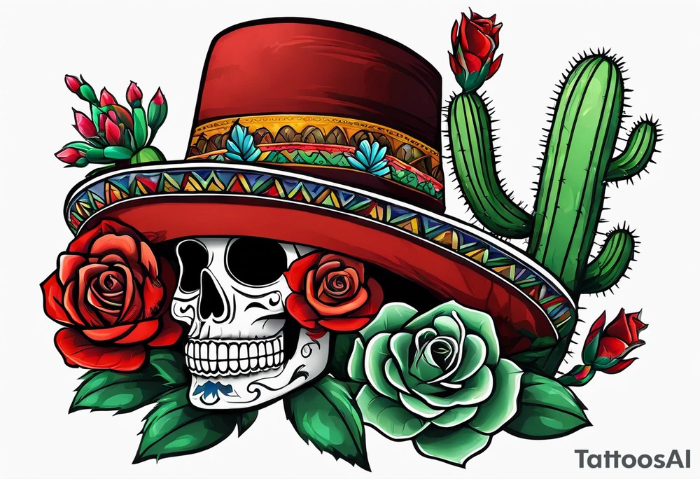 day of dead, red rose, Mexican hat,  cactus tattoo idea
