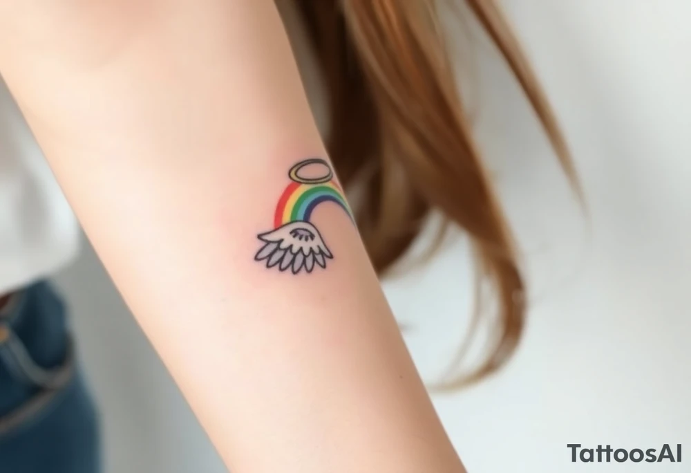 A rainbow with angel wings and halo tattoo idea