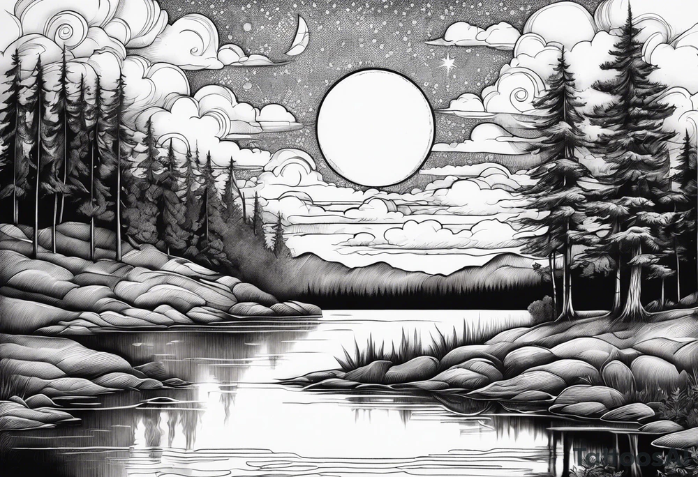 lake and tree shadow with moon and clouds tattoo idea