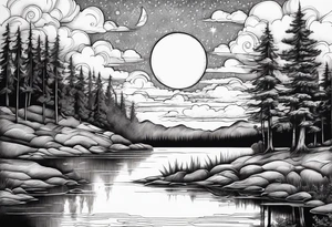 lake and tree shadow with moon and clouds tattoo idea