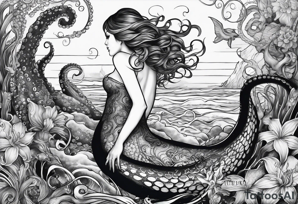 Leg sleeve Octopus looking up at a mermaid in the ocean tattoo idea
