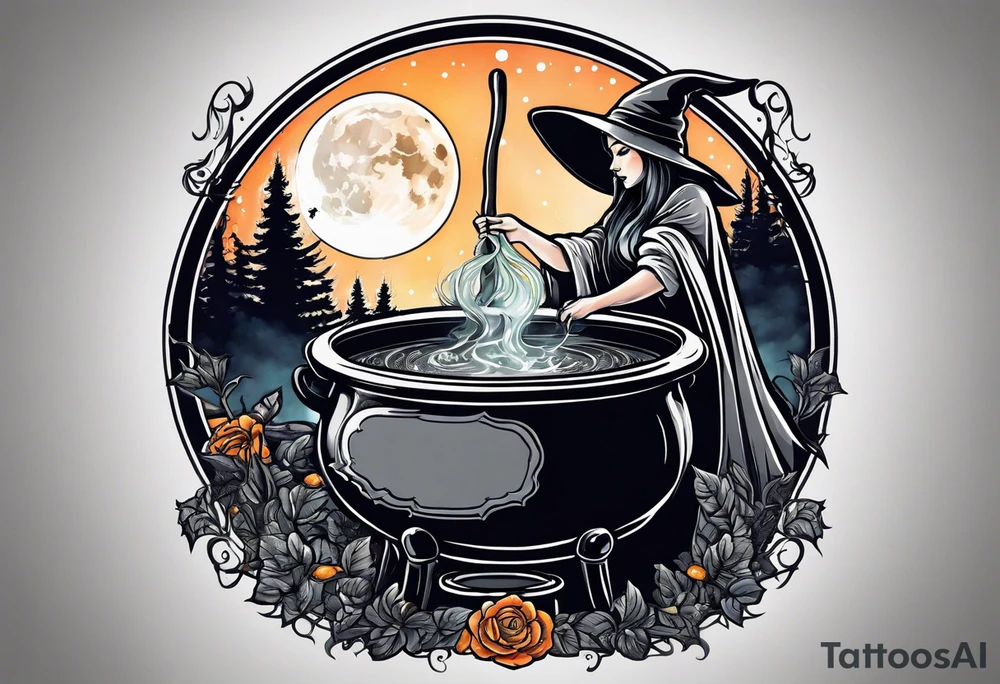 Witch stirring a cauldron under a full moon tattoo idea