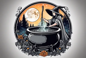 Witch stirring a cauldron under a full moon tattoo idea