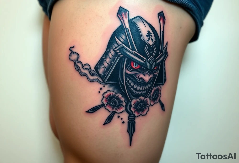 Rouge ronin with smoke coming out of its mouth with 11b tattooed under its left eye with 1 poppy on each side of the ronin tattoo idea