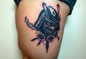 Rouge ronin with smoke coming out of its mouth with 11b tattooed under its left eye with 1 poppy on each side of the ronin tattoo idea