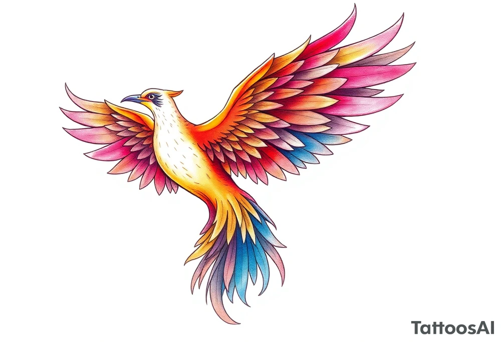 Phoenix rising with nonbinary flag colors blended in watercolor style, transparent background. tattoo idea