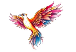 Phoenix rising with nonbinary flag colors blended in watercolor style, transparent background. tattoo idea