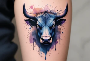 Watercolor Bull – A bold bull head painted in splashes of dark blue, purple, and brown, with watercolor drips and abstract lines forming its fierce expression. tattoo idea