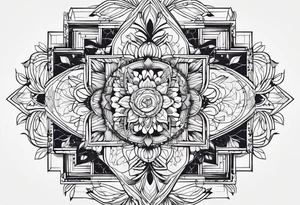 Linear minimalistic metatron , with abstract floral patern in blue linear design tattoo idea