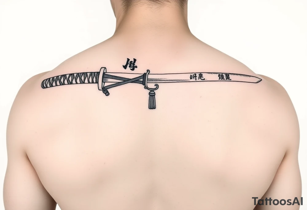 Katana with a black belt and fabled written in korean tattoo idea