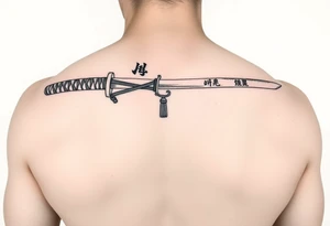 Katana with a black belt and fabled written in korean tattoo idea