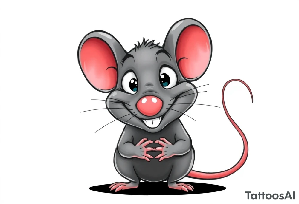 The image shows a cartoon rat with a long pointed nose, huge bulging eyes, and a cheeky, mischievous smile. The rat is grey with big pink ears and a thin pink tail visible on the right. Its little hands are held up close to its chest in a playful, sneaky pose. The expression makes the rat look funny, surprised, and a bit sly at the same time.

I want all his body..bigger nose, eyes poped out from the head + foots tattoo idea