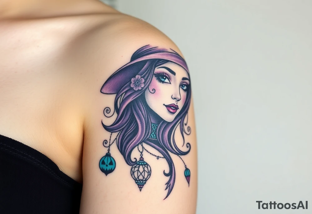 A witches portrait with purple and teal accents and halloween ornaments tattoo idea