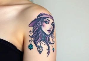 A witches portrait with purple and teal accents and halloween ornaments tattoo idea