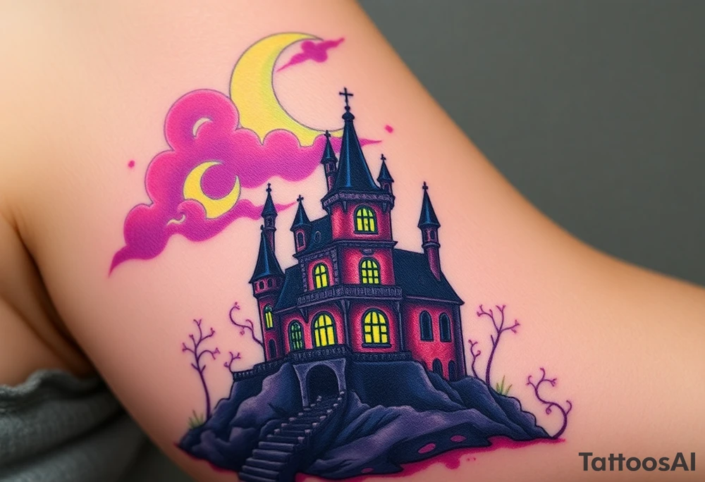 Tim Burton’s disney sleeping beauty’s haunted castle is abandoned and dripping with muted reds, dusty pinks, and eerie green glow.purple and cyan smokey clouds swirl in the crescent moonlit sky thats sprinkled with stars tattoo idea tattoo idea