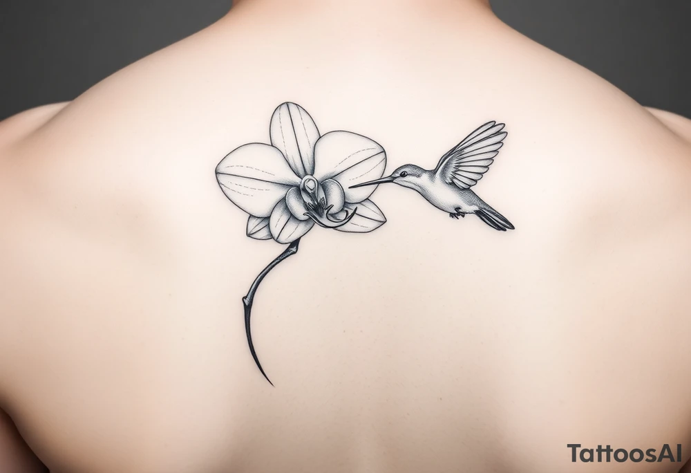 A delicate, black and white fine-line tattoo for make, featuring a gracefully detailed orchid in full bloom (stem and at least 2 flowers), with soft, intricate petals and elegant curves. Beside it, a hummingbird hovers mid-flight, its wings drawn with subtle motion lines, its slender beak reaching toward the orchid’s center to drink its nectar. The design captures a sense of balance and harmony, with the contrast between the stillness of the flower and the gentle energy of the bird. Perfectly suited for the upper arm, this piece combines nature’s beauty and movement in a timeless, minimalist style tattoo idea