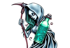 Sexy  xxx Female grim. Reaper and her
 death poison bottle tattoo idea