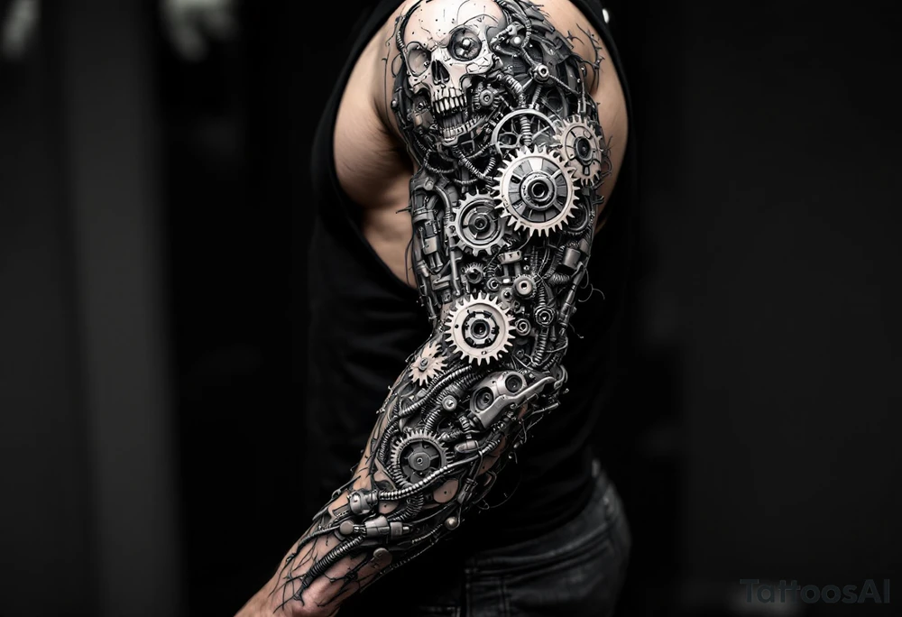 This biomechanical tattoo design creates the illusion of mechanical parts under the skin. It features gears, pistons, and wires, giving the arm a cybernetic look. Realistic shading enhances the fusion of flesh and machine tattoo idea