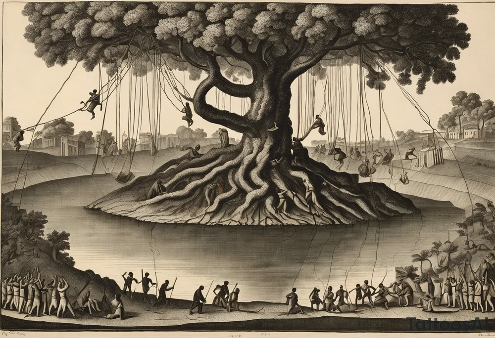 utopia picture of a tree at one level where above the surface is a group of people living in prosperity surrounding a tree. Below the surface the roots of the tree go down and turn into ropes and people are climbing these ropes to try and reach the above the surface. below the people climbing the ropes is hell, wih depicting of war slavery and death. going back to the top, above the tree is a perfection or heaven / nirvana. . include alchemical and occult symbols to depict this journey to enlightenment like religious or astrolligcal symblol. make it a full body tattoo stencil where the top of the tree would be at the chest and the ropes at the legs. tattoo idea