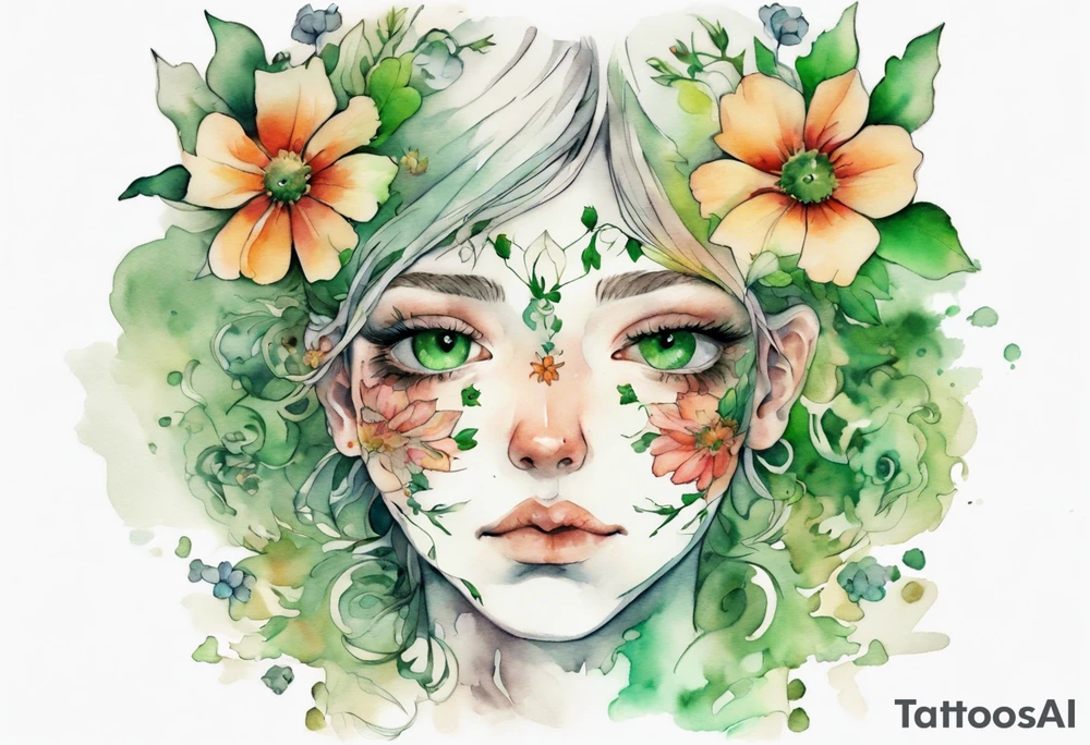 a handsom face covered in flowers with green eyes tattoo idea