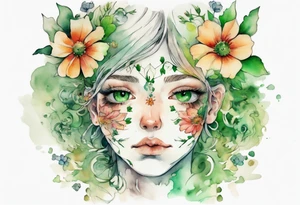 a handsom face covered in flowers with green eyes tattoo idea