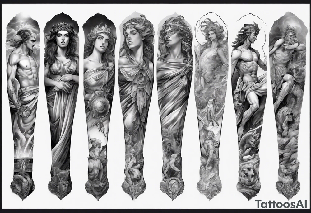 greek mythology
many details
full arm sleeve
realisism tattoo idea