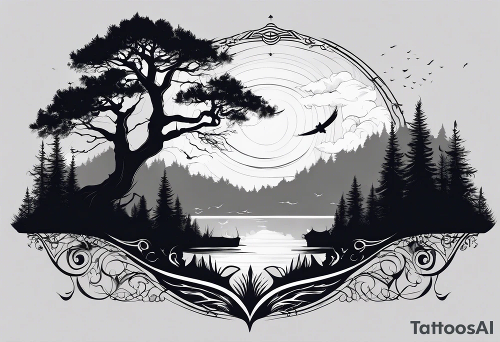 The tattoo will be a unique horizontal image. At the base, there will be a thin line to symbolize the horizon. Above it, various trees in silhouette with delicate details, representing different species, including oaks and pines among others, will be distributed along the horizon. tattoo idea
