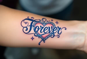 "Forever" written in blue ribbon script, swirling around a heart-shaped locket. tattoo idea