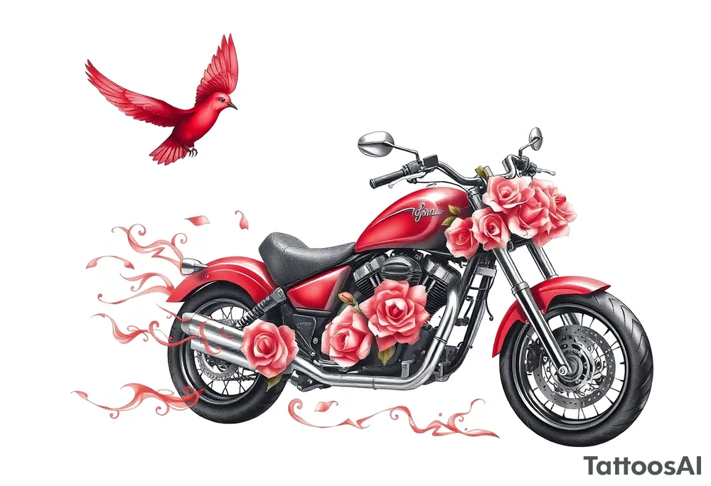 Motorcycle, red bird flying, roses and lace, flames tattoo idea
