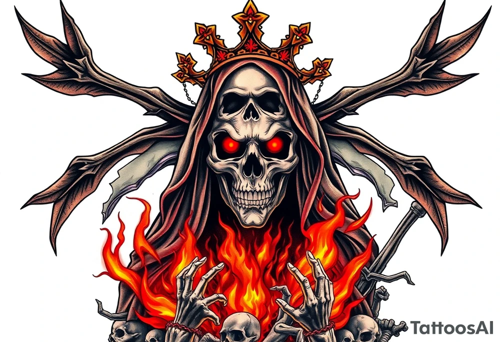 Powerful and evil Santa muerte rising from the flames and ashes of hell, surrounded by unclaimed souls tattoo idea